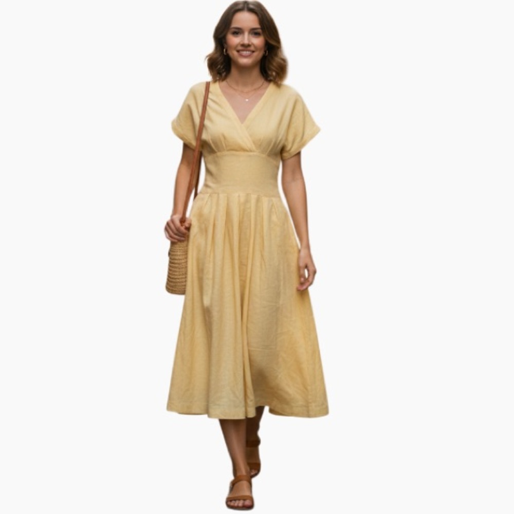Jennifer Moore 100%‎ Ramie yellow Midi Classic Dress NWT 8